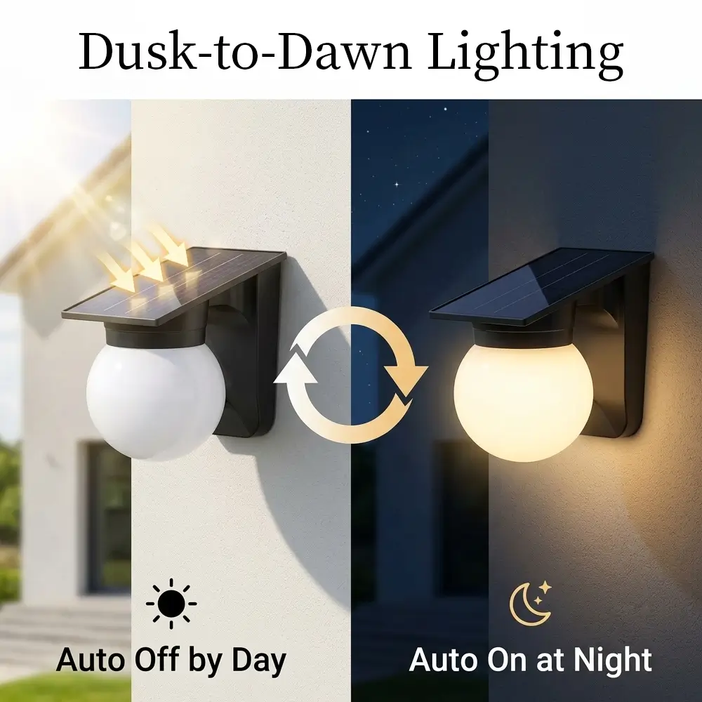 CANMEIJIA Solar Wall Light (Globe Style) – Black – Push-Button Control & 3-Color Light Adjustment