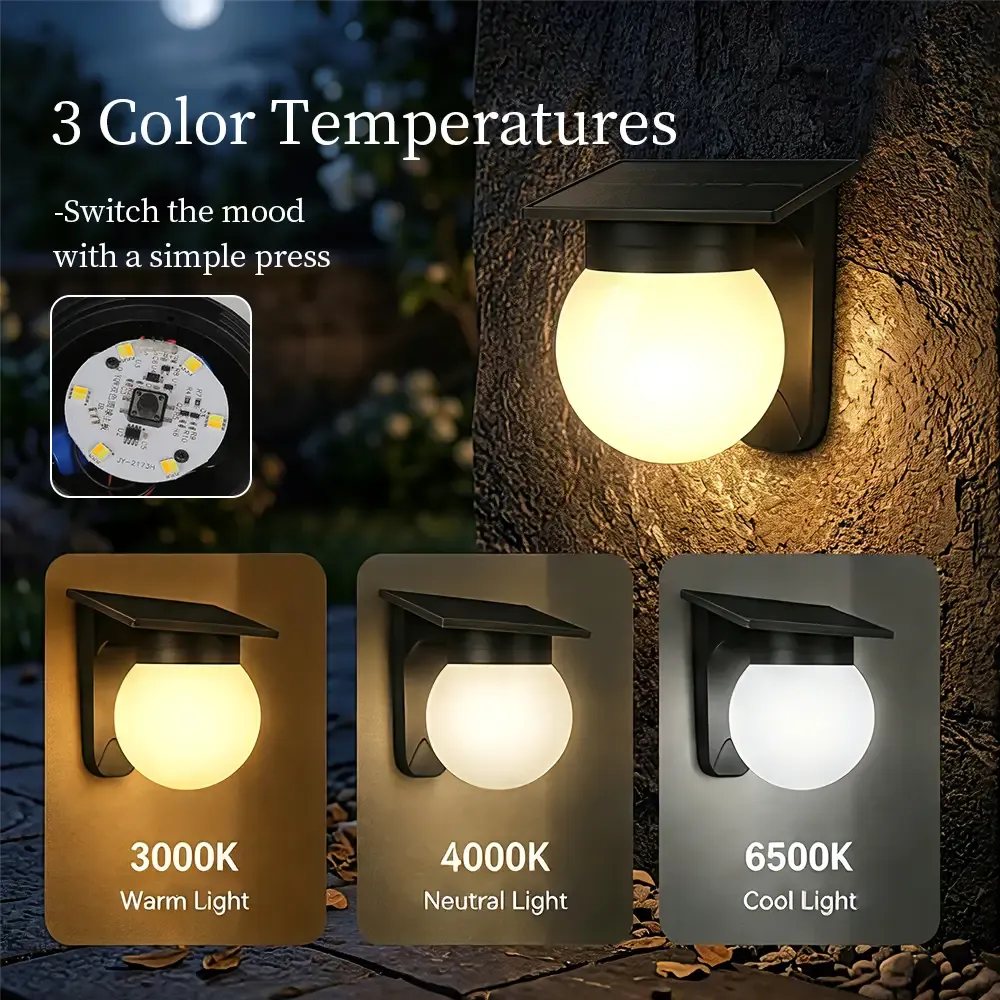 CANMEIJIA Solar Wall Light (Globe Style) – Black – Push-Button Control & 3-Color Light Adjustment