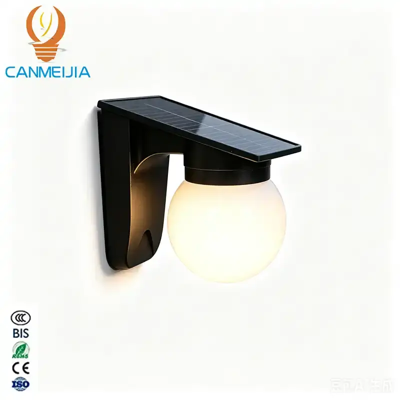 CANMEIJIA Solar Wall Light (Globe Style) – Black – Push-Button Control & 3-Color Light Adjustment