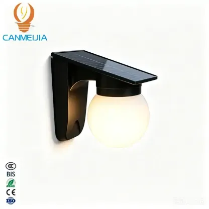 CANMEIJIA Solar Wall Light (Globe Style) – Black – Push-Button Control & 3-Color Light Adjustment