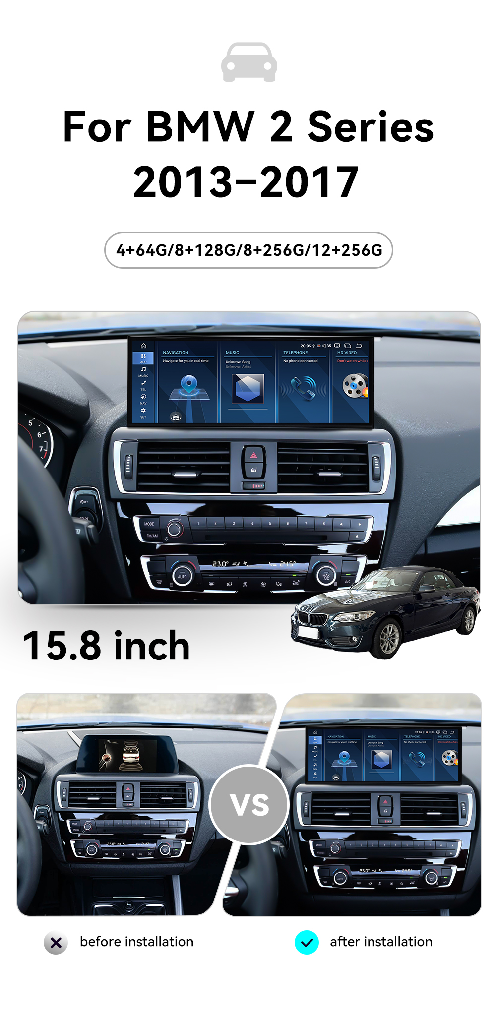 Aotsr 15.8 inch Android 14 Car Radio for BMW 2 Series 2013-2017 Wirless Carplay GPS Navigation Screen Upgrade Multimedia Player Android Auto (F22）