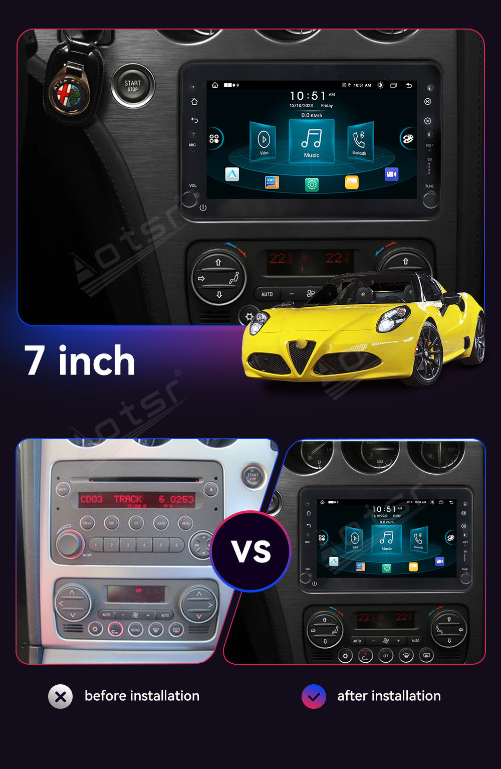 7 inch vertical screen For Romeo159 Brera Spider (939) 2005-2011 Android 13 GPS Navi Multimedia Audio Radio Receiver carplay Anroid auto.