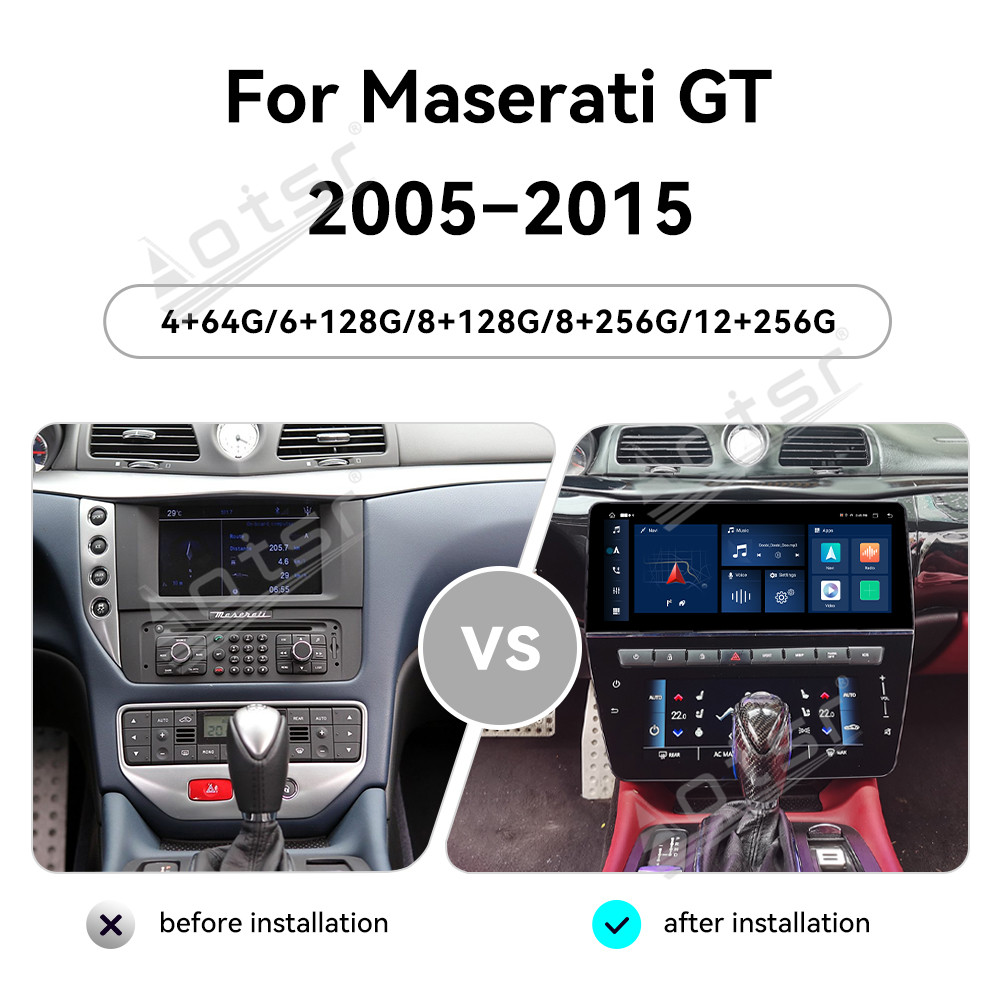 Aotsr 12.3-inch + 8.6-inch Car Radio + Air conditioning LCD display, compatible for Maserati GT 2005-2015  with wireless CarPlay, 4G and 360° panoramic display functions.