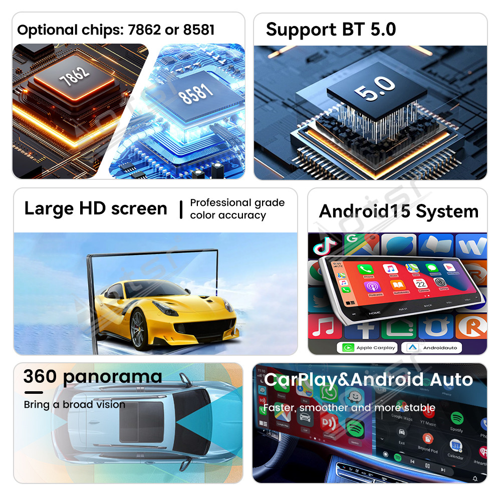 Aotsr 12.3-inch + 8.6-inch Car Radio + Air conditioning LCD display, compatible for Maserati GT 2005-2015  with wireless CarPlay, 4G and 360° panoramic display functions.
