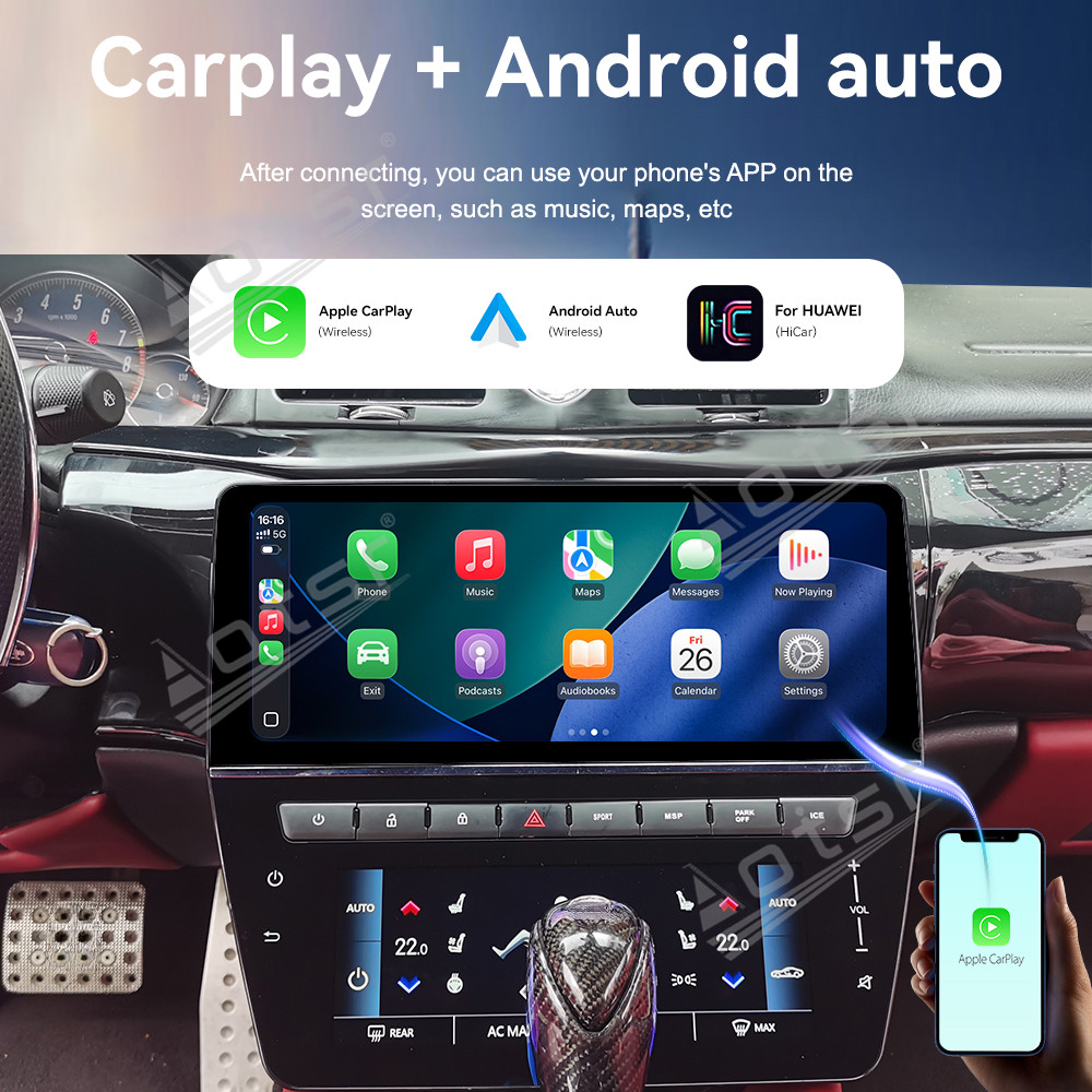 Aotsr 12.3-inch + 8.6-inch Car Radio + Air conditioning LCD display, compatible for Maserati GT 2005-2015  with wireless CarPlay, 4G and 360° panoramic display functions.