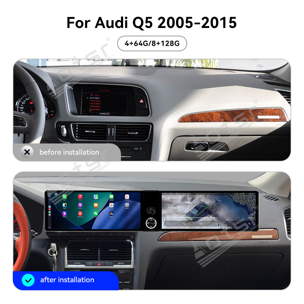 Aotsr Dual 12.3 inch For Audi Q5 2005-2015 GPS Navigation Android 13 Car Radio CarPlay Multimedia Player Head Stereo Unit HD Screen