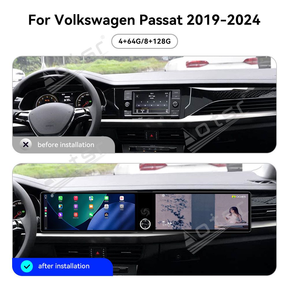 Aotsr Dual 12.3 inch for Volkswagen Passat 2019-2024 GPS Navigation Android 13 Car Radio CarPlay Multimedia Player Head Stereo Unit HD Screen