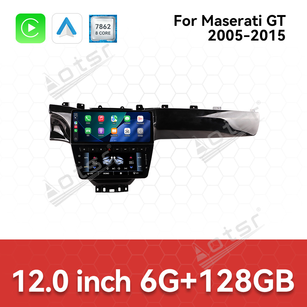 Aotsr 12.3-inch + 8.6-inch Car Radio + Air conditioning LCD display, compatible for Maserati GT 2005-2015  with wireless CarPlay, 4G and 360° panoramic display functions.