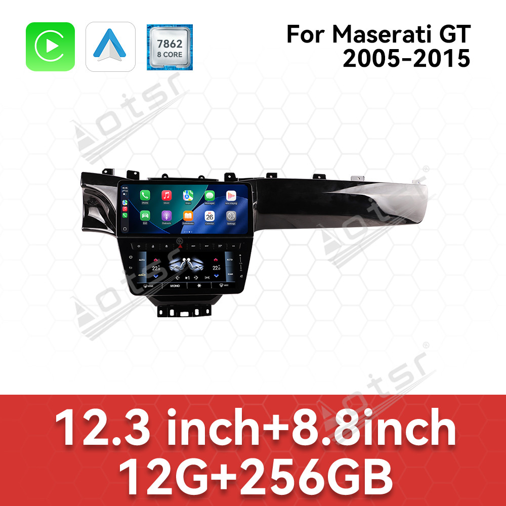 Aotsr 12.3-inch + 8.6-inch Car Radio + Air conditioning LCD display, compatible for Maserati GT 2005-2015  with wireless CarPlay, 4G and 360° panoramic display functions.