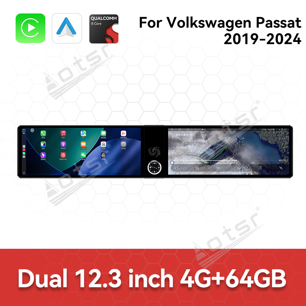 Aotsr Dual 12.3 inch for Volkswagen Passat 2019-2024 GPS Navigation Android 13 Car Radio CarPlay Multimedia Player Head Stereo Unit HD Screen