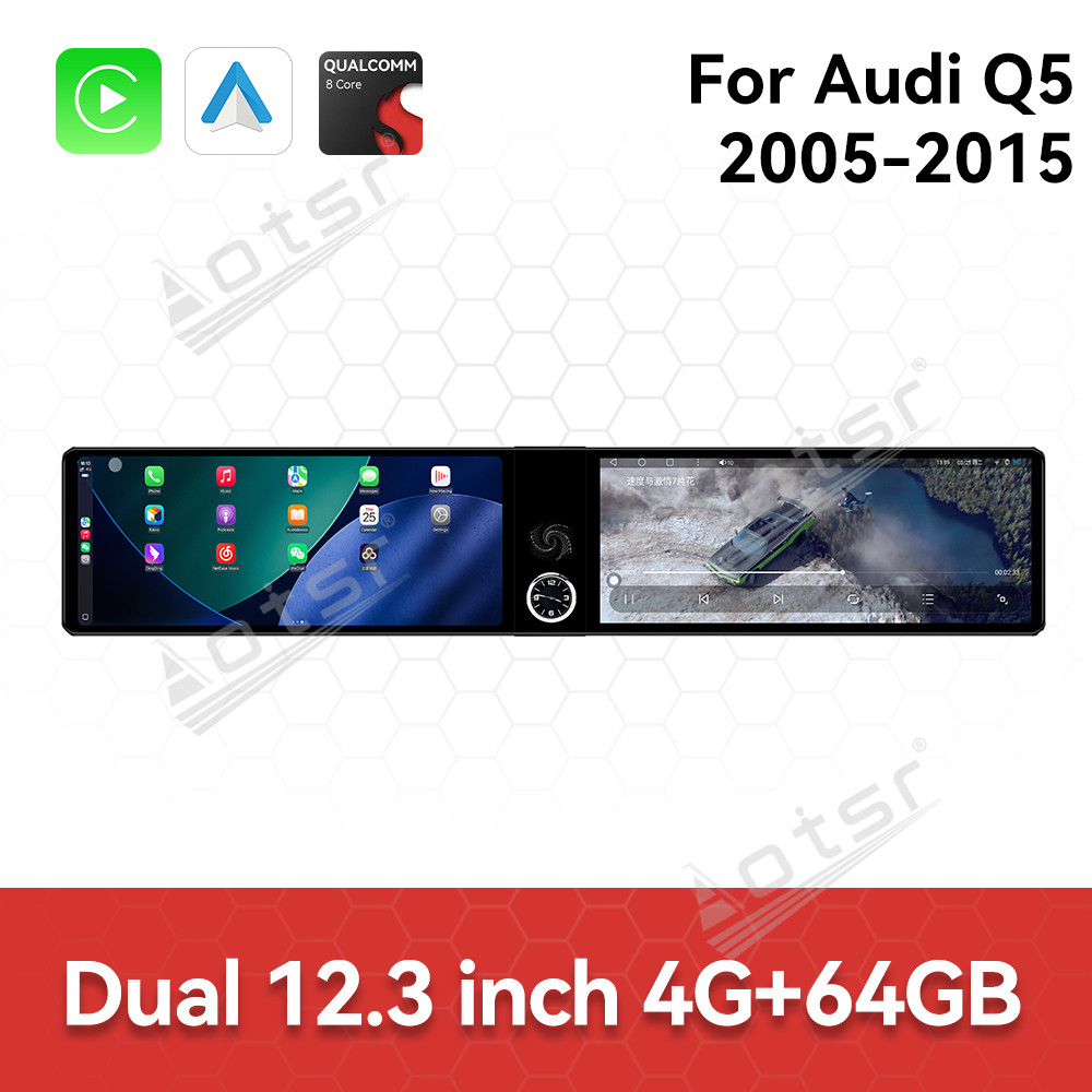 Aotsr Dual 12.3 inch For Audi Q5 2005-2015 GPS Navigation Android 13 Car Radio CarPlay Multimedia Player Head Stereo Unit HD Screen