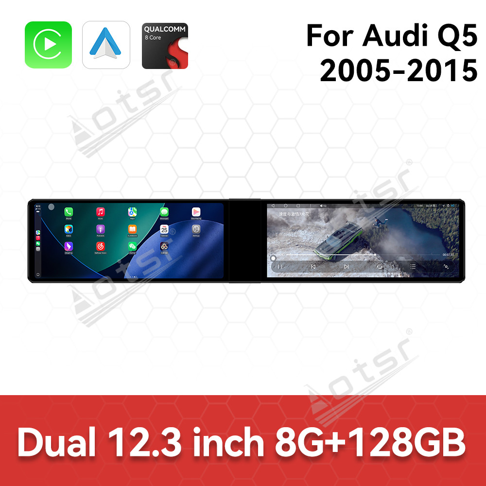 Aotsr Dual 12.3 inch For Audi Q5 2005-2015 GPS Navigation Android 13 Car Radio CarPlay Multimedia Player Head Stereo Unit HD Screen