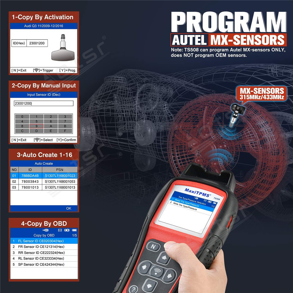 Aotsr for Autel TPMS TS508 TPMS Tool OBD2 Scanner Program MX-Sensor Sensor 315 433MHZ Tire Repair TPMS Relearn Reset Programing Programmer