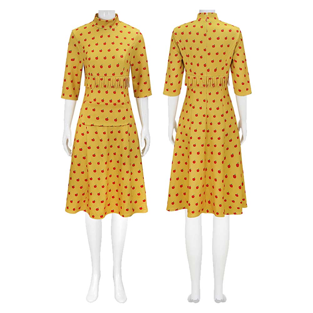 Fantastic Mr. Fox Mrs Fox Yellow Dress Apple Pattern Outfit Halloween Carnival Cosplay Costume