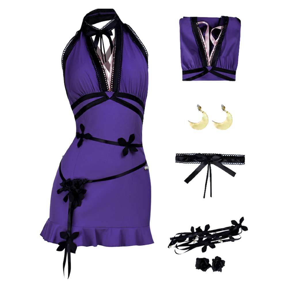 Final Fantasy Tifa Lockhart Purple Halter Neck Dress Outfit Halloween Carnival Cosplay Costume
