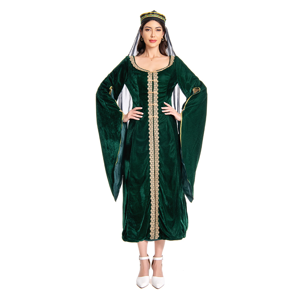 House of the Dragon Queen Alicent Hightower Green Gold Velvet Dress With Veil Outfits Medieval Halloween Carnival Suit Cosplay Costume
