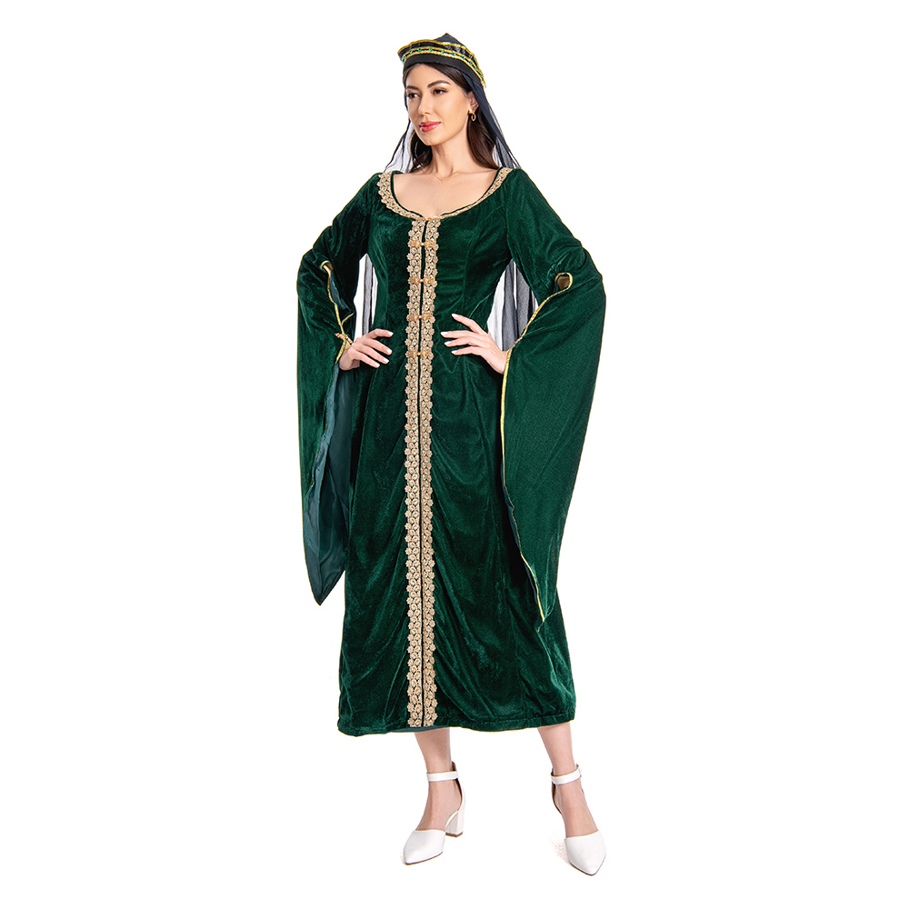 House of the Dragon Queen Alicent Hightower Green Gold Velvet Dress With Veil Outfits Medieval Halloween Carnival Suit Cosplay Costume