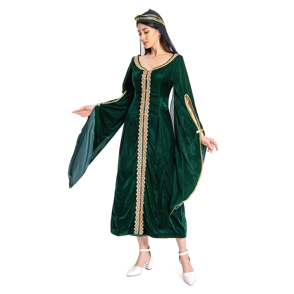 House of the Dragon Queen Alicent Hightower Green Gold Velvet Dress With Veil Outfits Medieval Halloween Carnival Suit Cosplay Costume