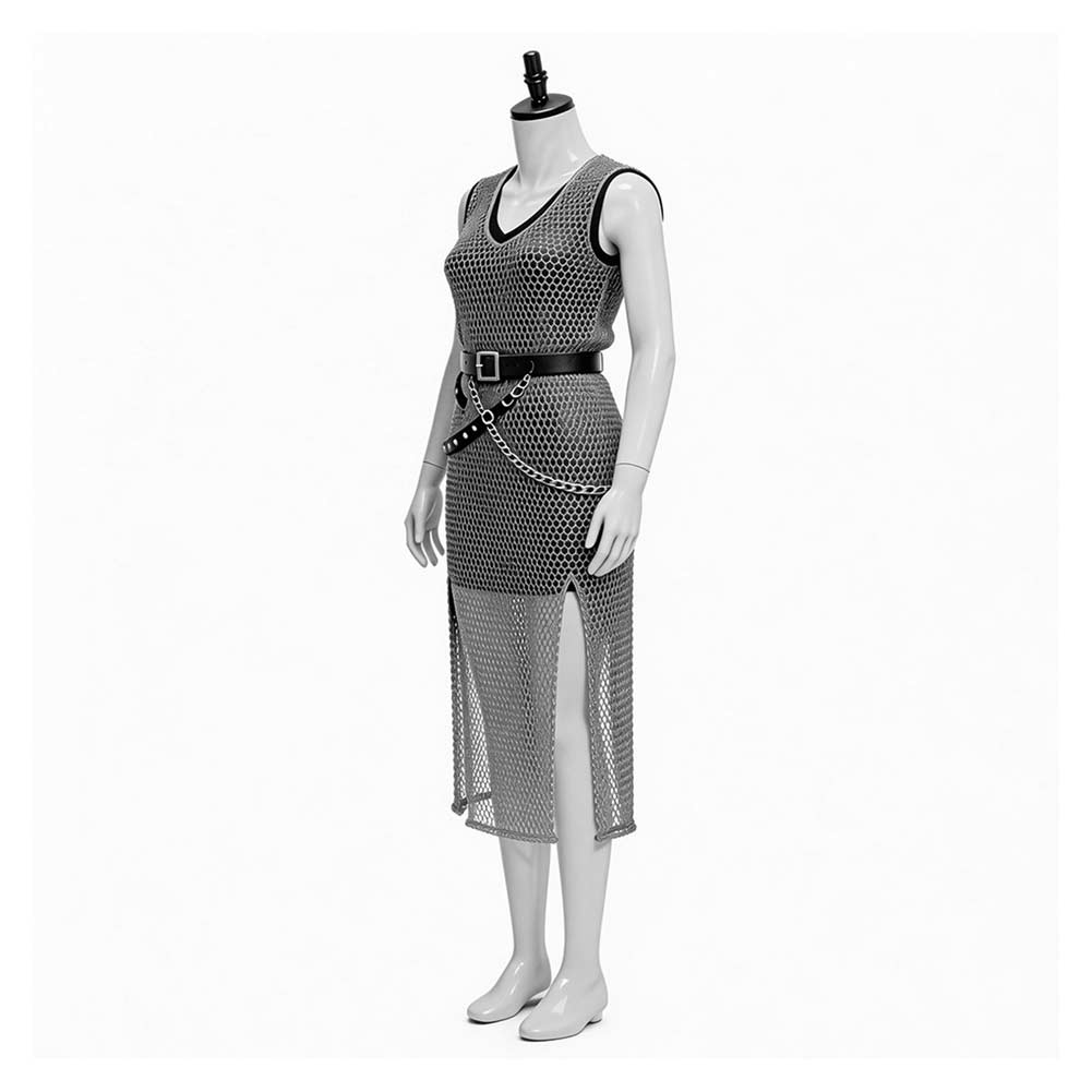 Medieval Renaissance Women Silver Chainmail Sleeveless Mesh Dress Halloween Carnival Cosplay Costume