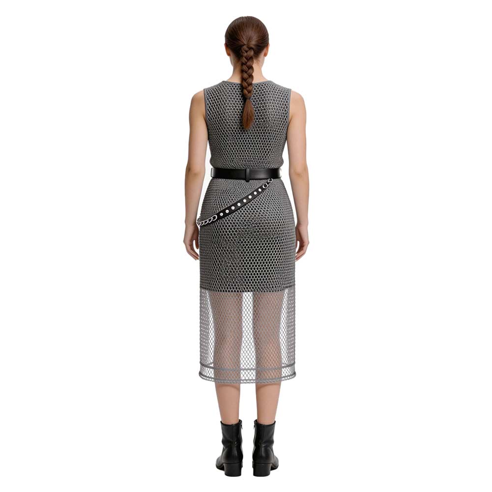Medieval Renaissance Women Silver Chainmail Sleeveless Mesh Dress Halloween Carnival Cosplay Costume