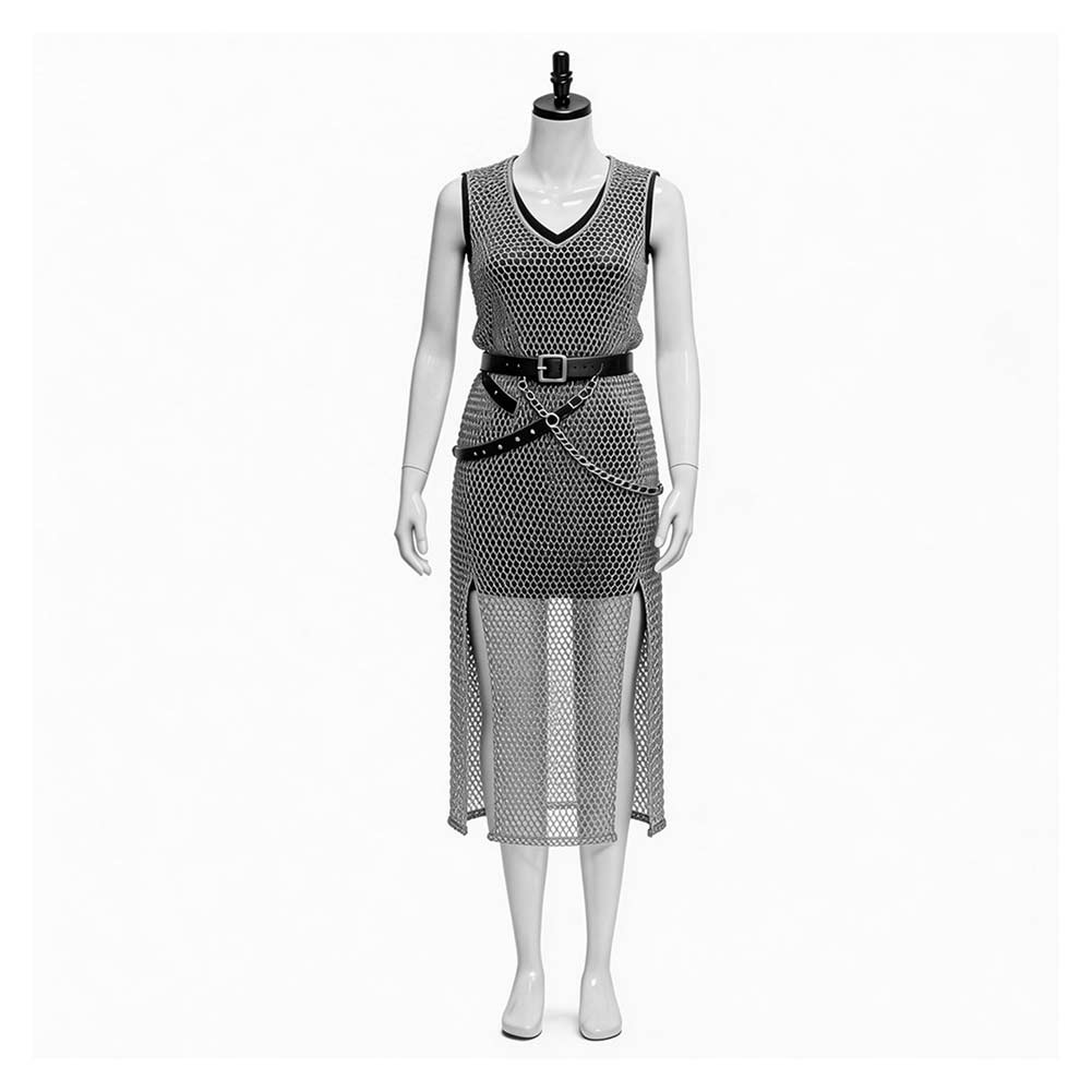 Medieval Renaissance Women Silver Chainmail Sleeveless Mesh Dress Halloween Carnival Cosplay Costume