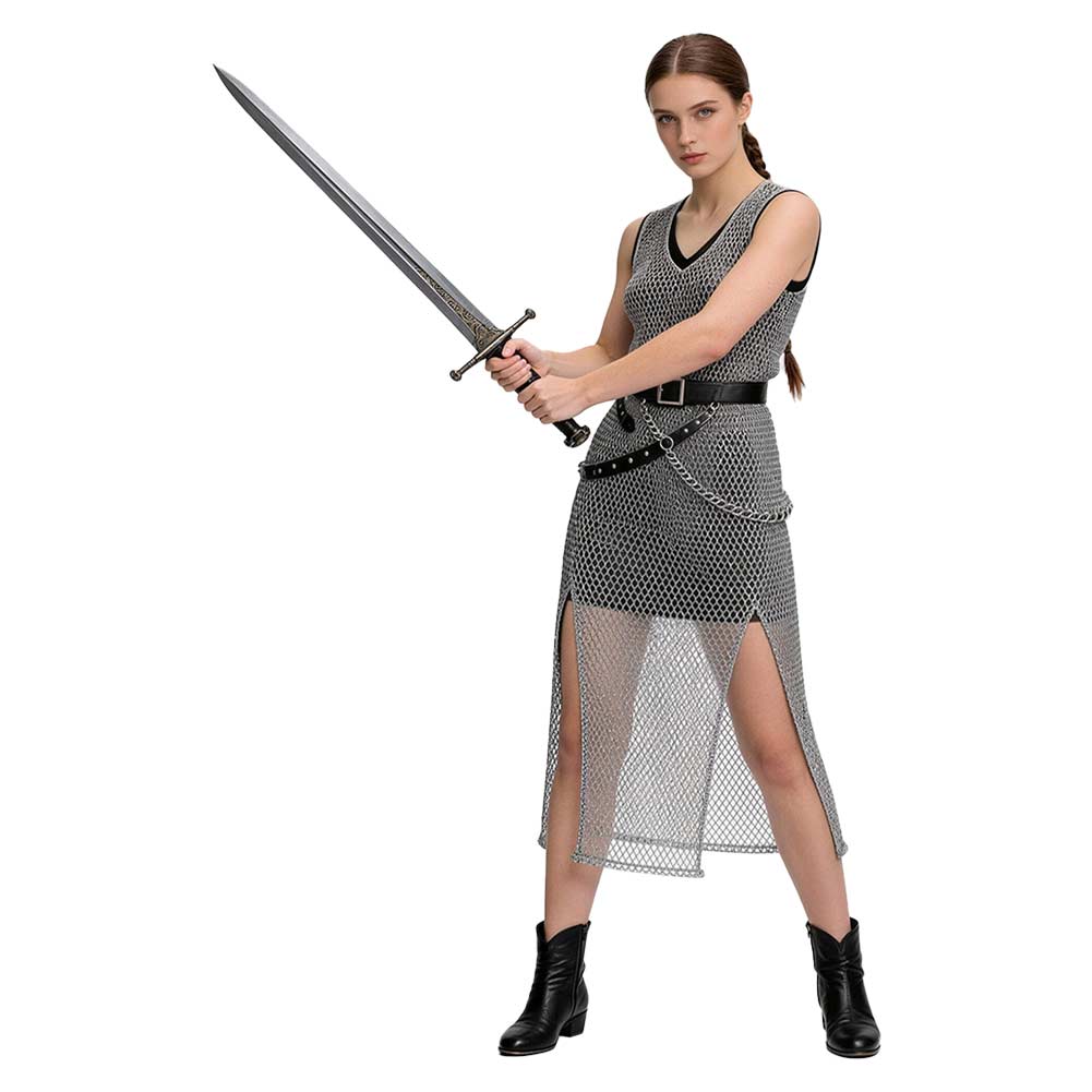 Medieval Renaissance Women Silver Chainmail Sleeveless Mesh Dress Halloween Carnival Cosplay Costume