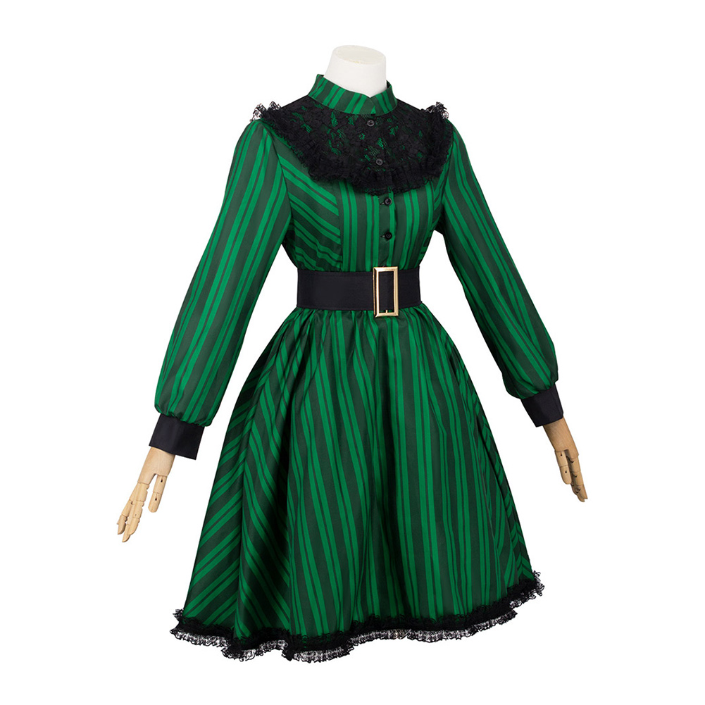 Haunted Mansion Maid Green Striped Dress Outfit Halloween Carnival Cosplay Costume