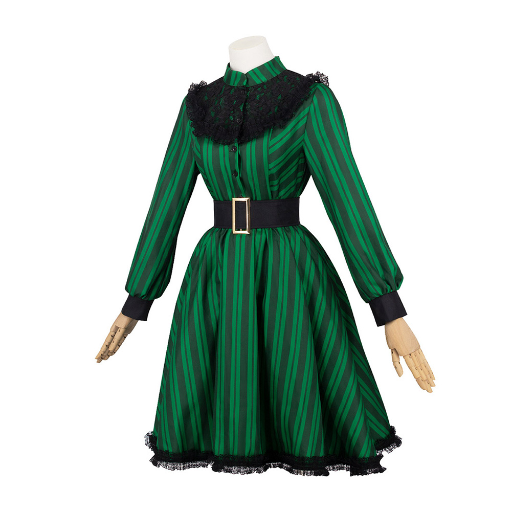 Haunted Mansion Maid Green Striped Dress Outfit Halloween Carnival Cosplay Costume