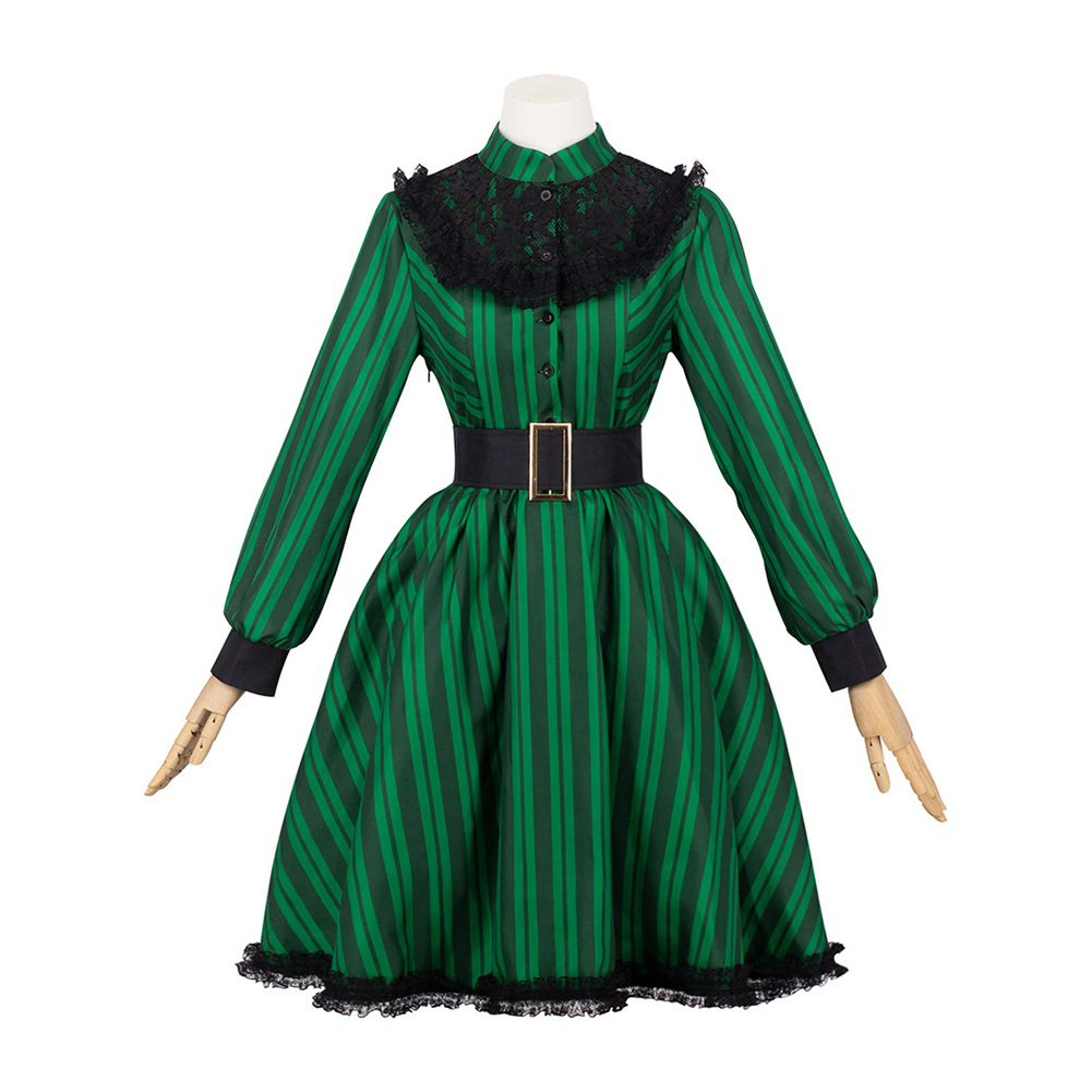 Haunted Mansion Maid Green Striped Dress Outfit Halloween Carnival Cosplay Costume