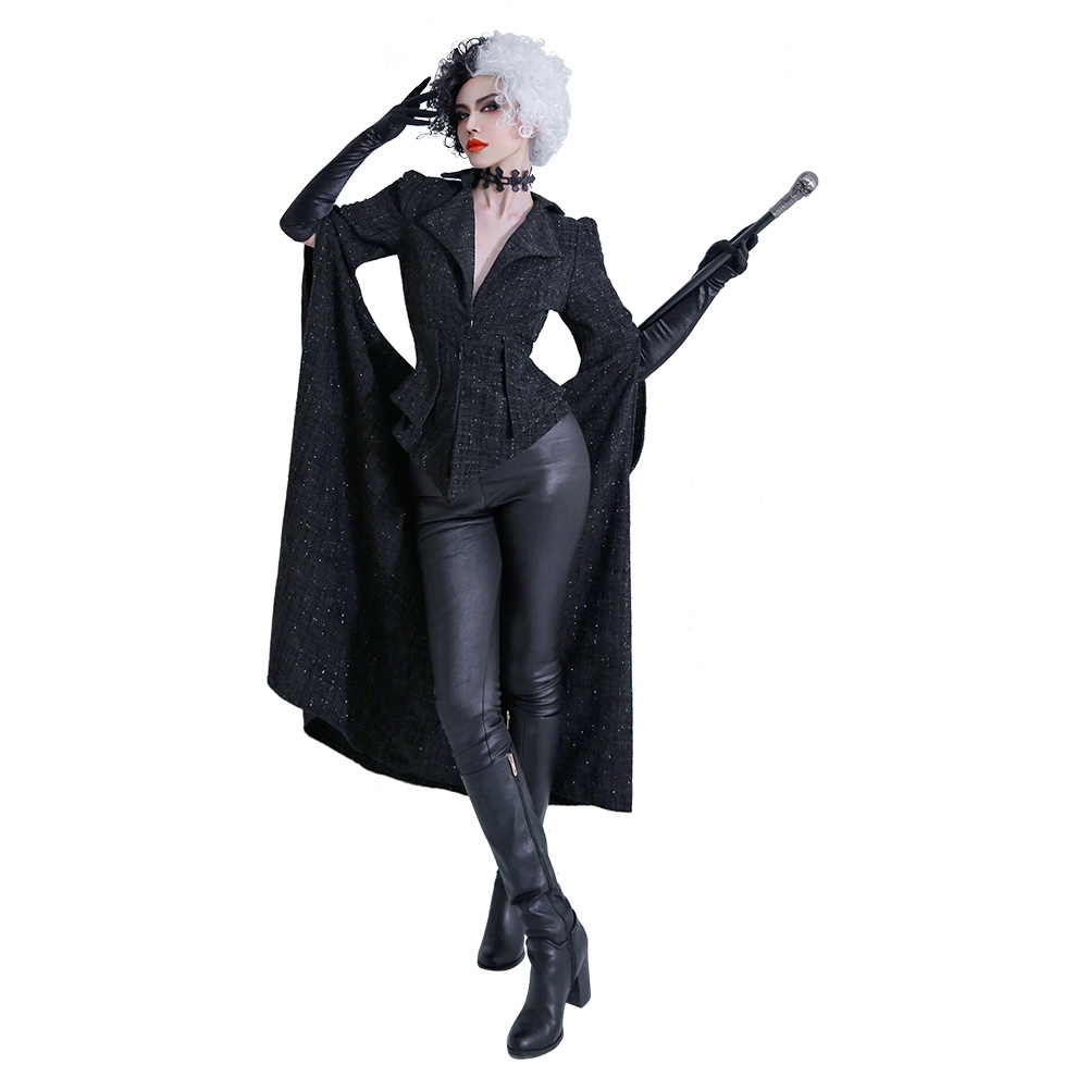 Cruella Black Coat Outfit Cosplay Costume Halloween Carnival Suit