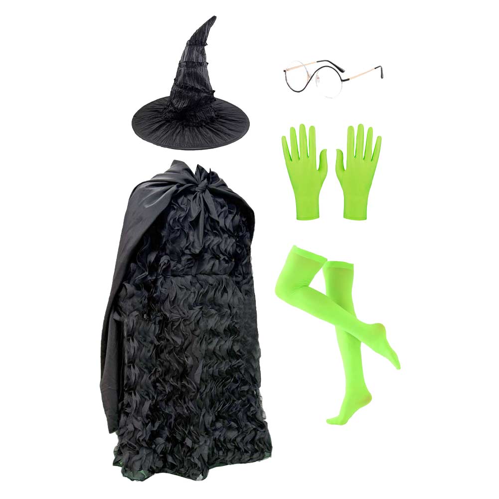 Wicked (2024) Elphaba Kids Children Black Dress Cape Hat Outfits Halloween Carnival Cosplay Costume