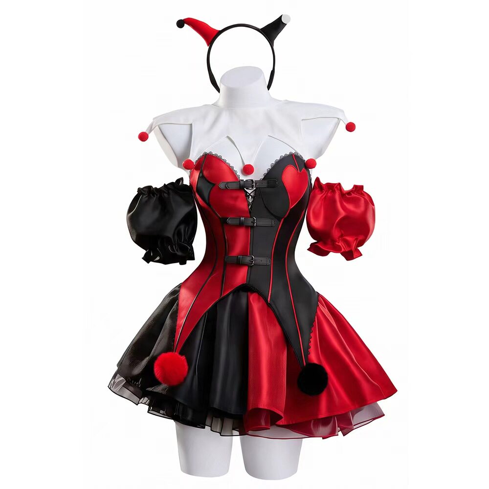 Female Red and Black Clown Suit Dress Outfits Halloween Carnival Cosplay Costume