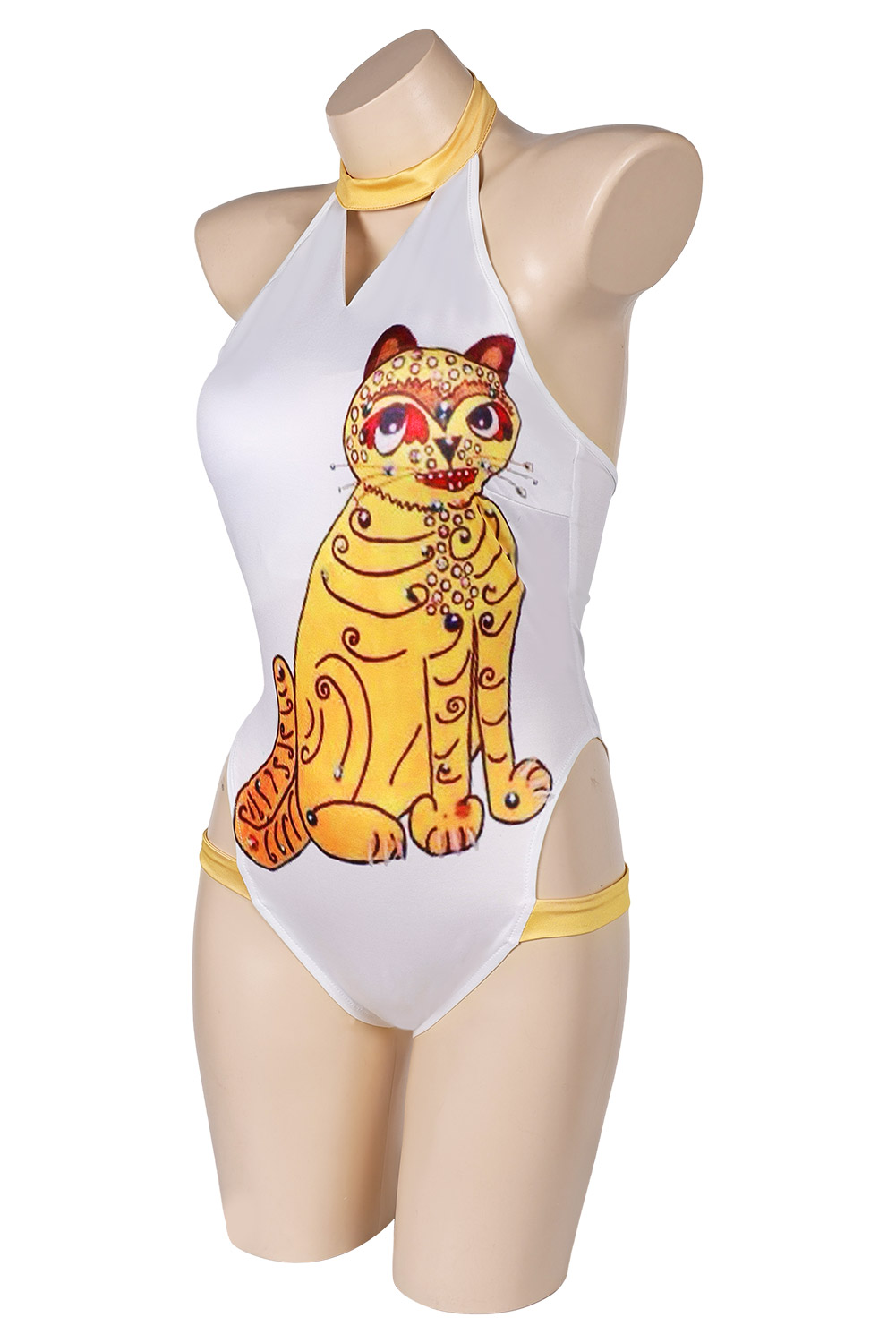 ABBA Anni-Frid Synni Lyngstad Retro 70S Disco Yellow Cat Printed Swimsuits Outfits Halloween Carnival Suit Cosplay Costume Original Design