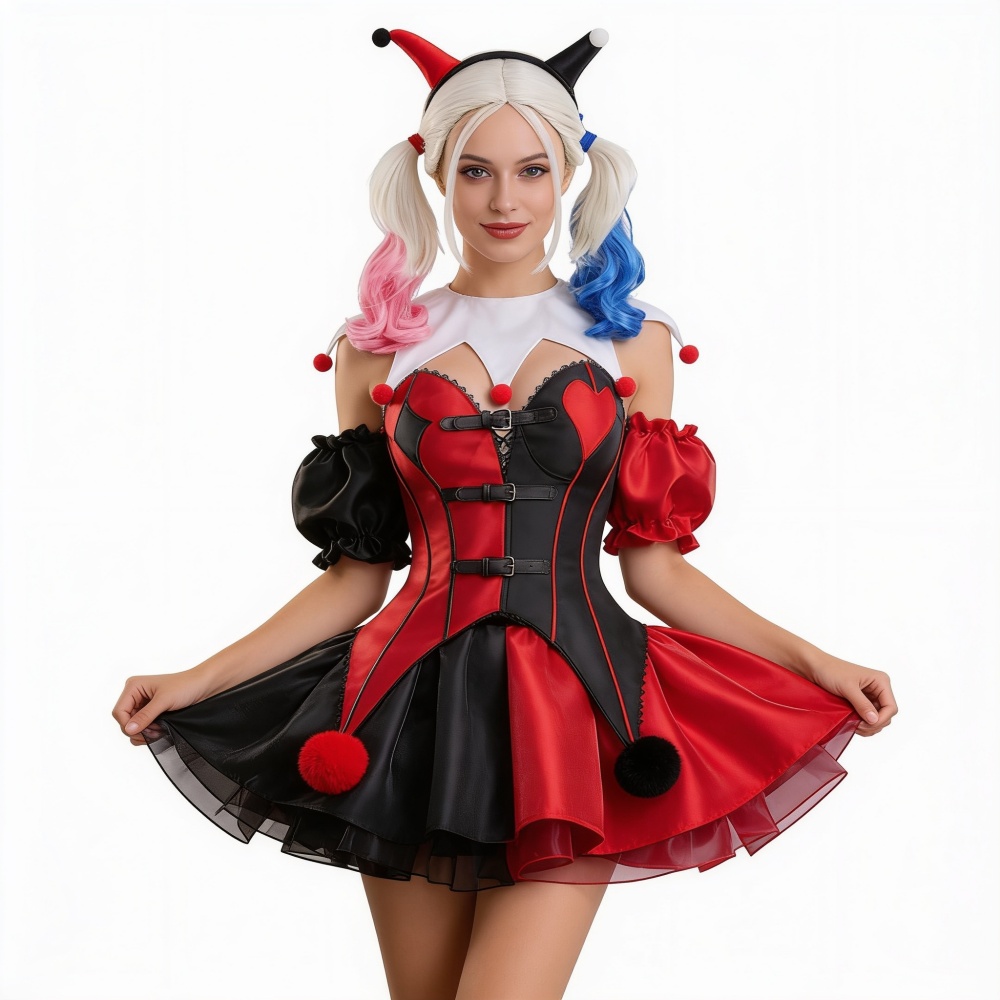 Female Red and Black Clown Suit Dress Outfits Halloween Carnival Cosplay Costume