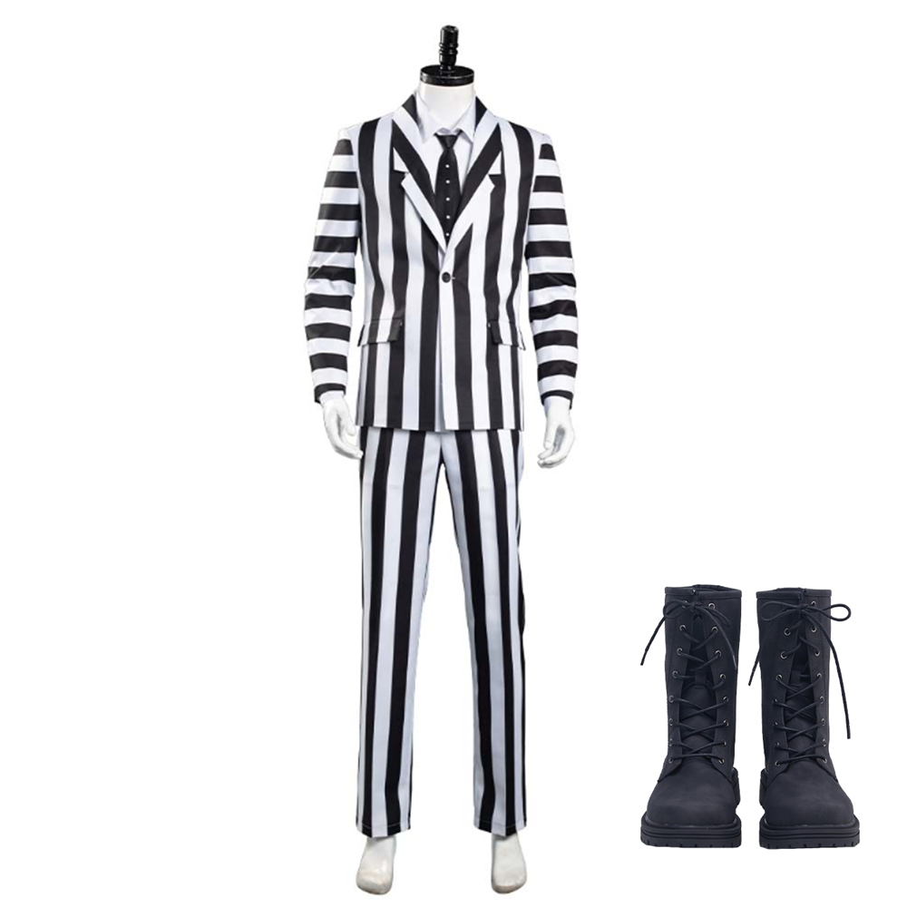 Beetlejuice Adam Cosplay Costume Black and White Striped Suit Jacket Outfits Halloween Carnival