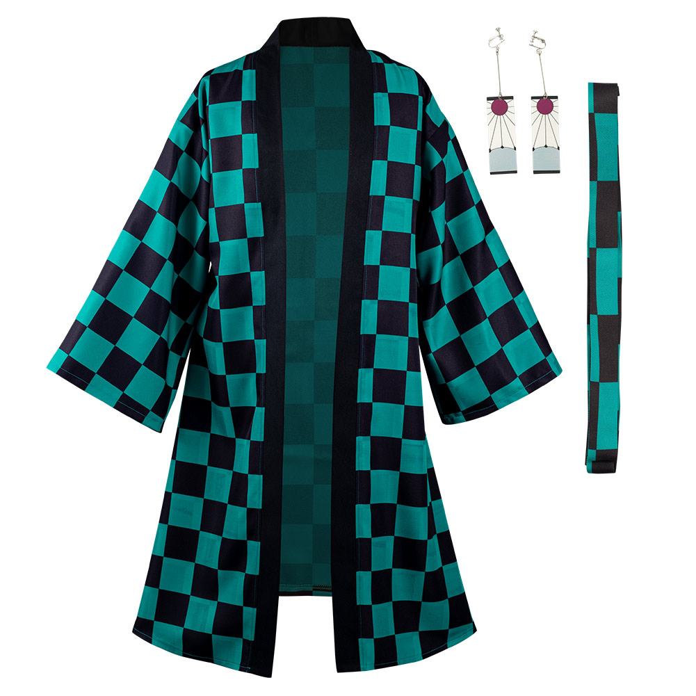 Demon Slayer Kamado Tanjirou Cosplay Costume Halloween Carnival Suit with Earrings Belt