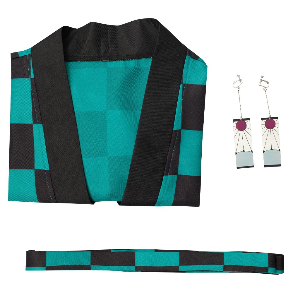 Demon Slayer Kamado Tanjirou Cosplay Costume Halloween Carnival Suit with Earrings Belt