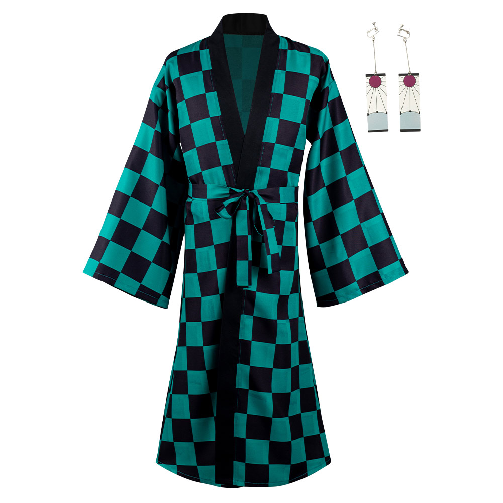 Demon Slayer Kamado Tanjirou Cosplay Costume Halloween Carnival Suit with Earrings Belt