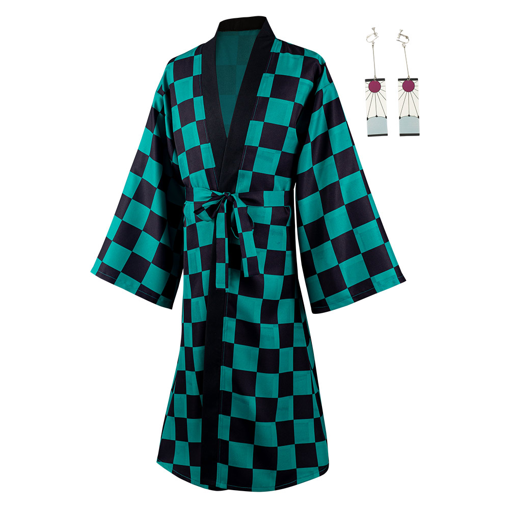 Demon Slayer Kamado Tanjirou Cosplay Costume Halloween Carnival Suit with Earrings Belt