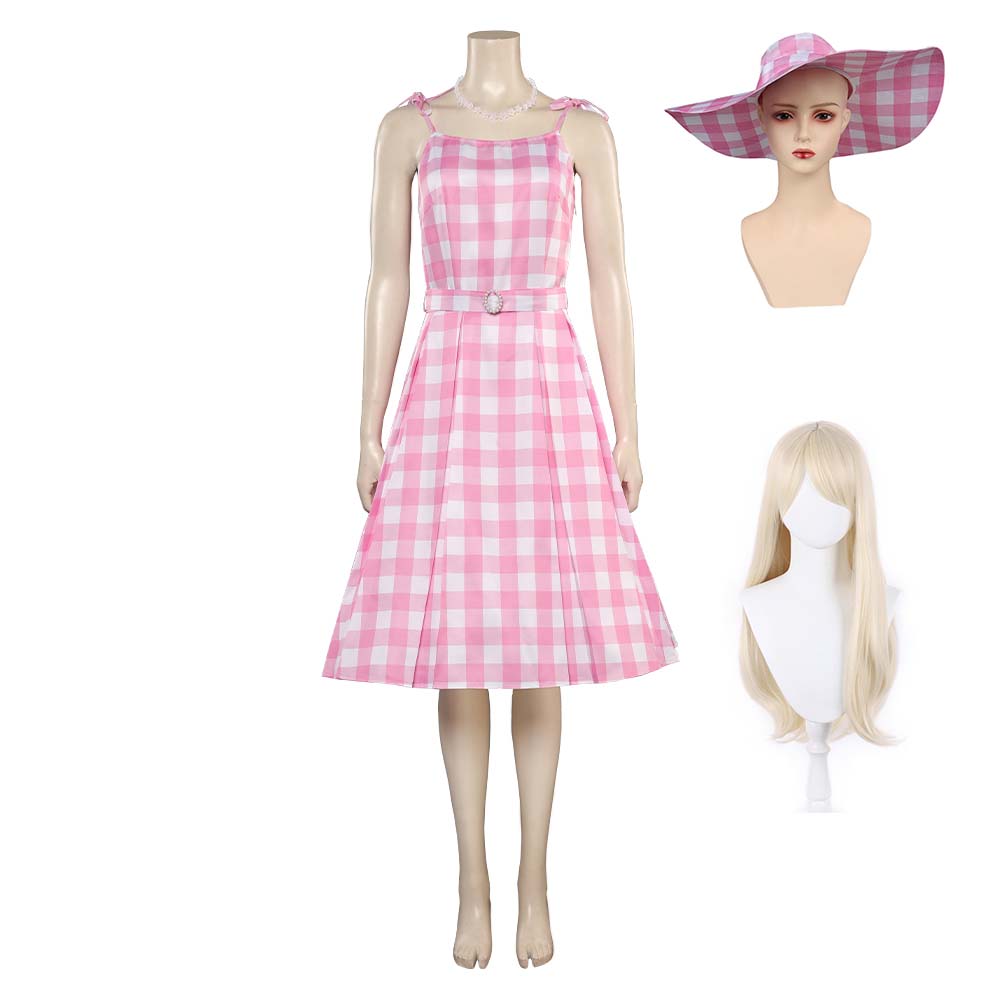 Movie 2023 Barbie Margot Robbie Barbie Pink Plaid Long Dress Outfits Barbie Cosplay Costume