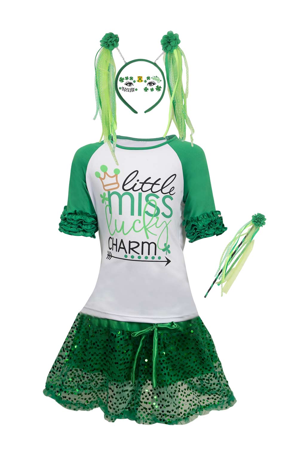 St. Patrick's Day Tutu Kids Girls Skirt With Headband Magic Wand Stickers Full Set Outfits Halloween Carnival Suit Cosplay Costume