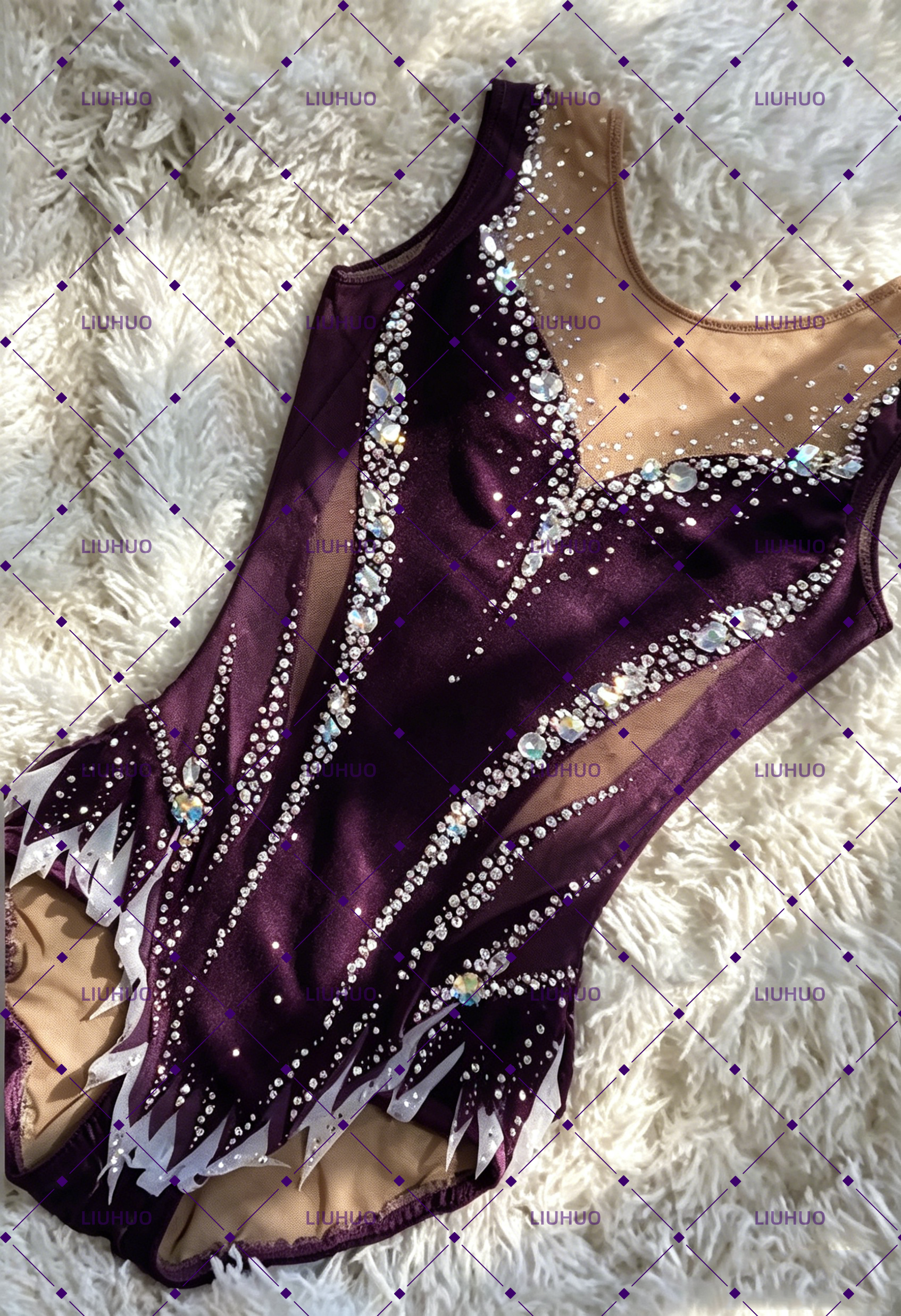 LIUHUO Rhythmic Gymnastics Costume BD9089 | Velvet Purple Red Competition Gymnastics Costume for Girls