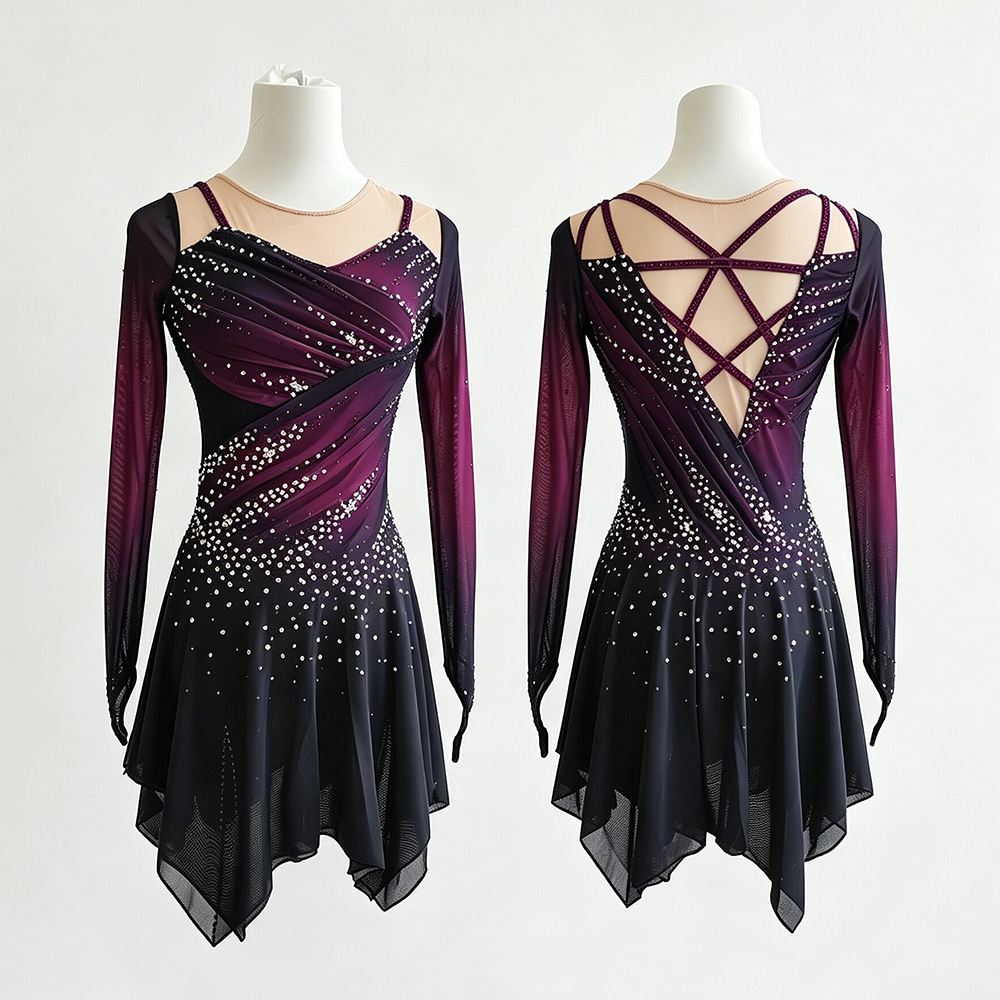 LIUHUO Figure Skating Dress  JC878 | Deep Plum Ombré Ruched Bodice Geometric Star Back Crystal Long Sleeve Outfit for Women & Girls