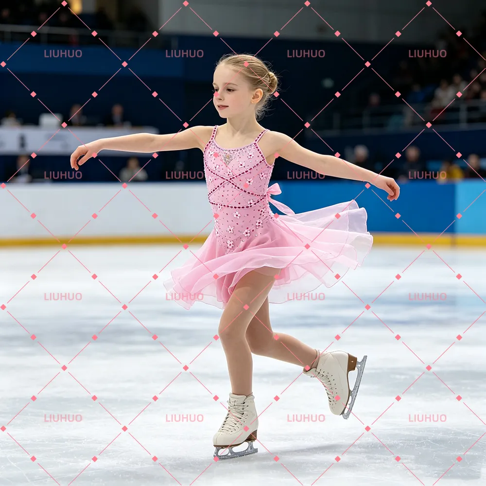 LIUHUO Figure Skating Costume JC1135 | Pink 3D Floral Camisole Competition Skating Costume for Girls