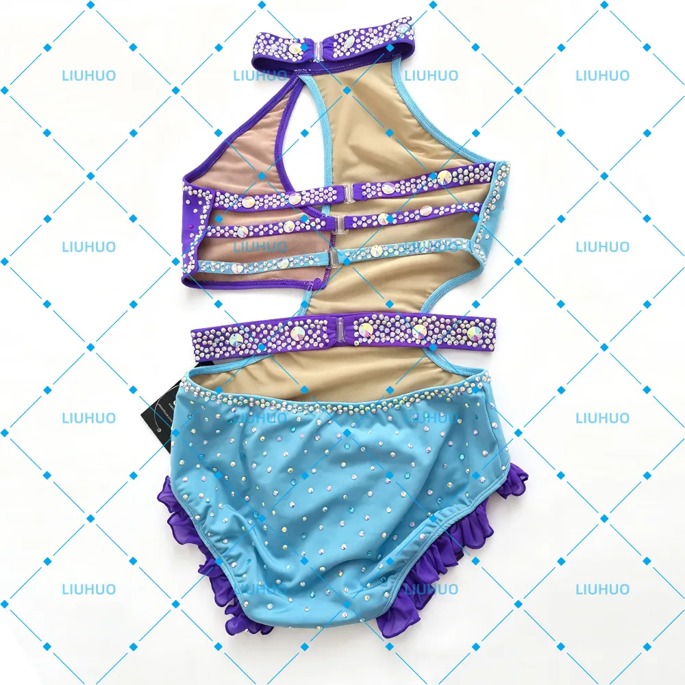 LIUHUO Lyrical Dance Costume JC1313 | Sky Blue Purple Colorblock Crystal Halter Multi-Strap Back Leotard for Women & Girls