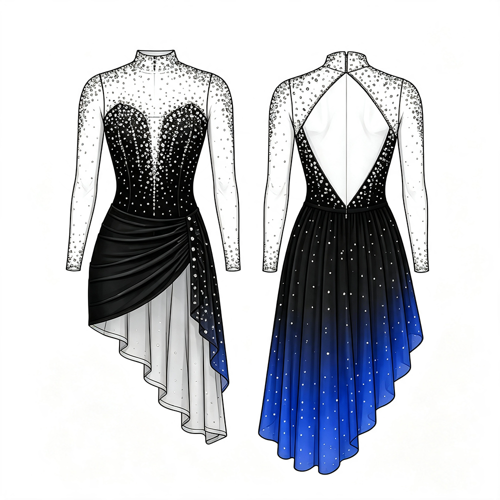 LIUHUO Figure Skating Dress JC1450 | Black Sunset Gradient Ruched Crystal Long Sleeve Outfit for Women & Girls