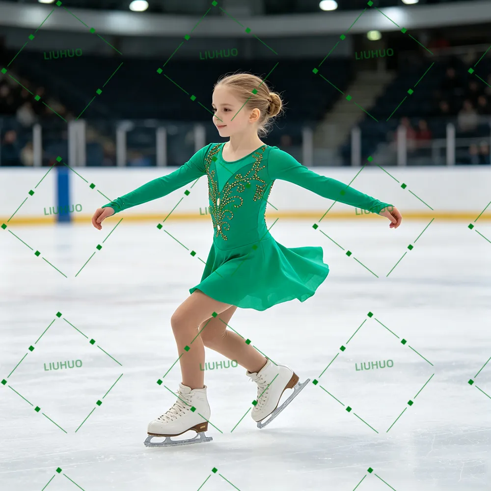 LIUHUO Figure Skating Costume BD8848 | Emerald Green Long Sleeve Illusion Mesh Baroque Gold Rhinestone Competition Lyrical Costume for Girls