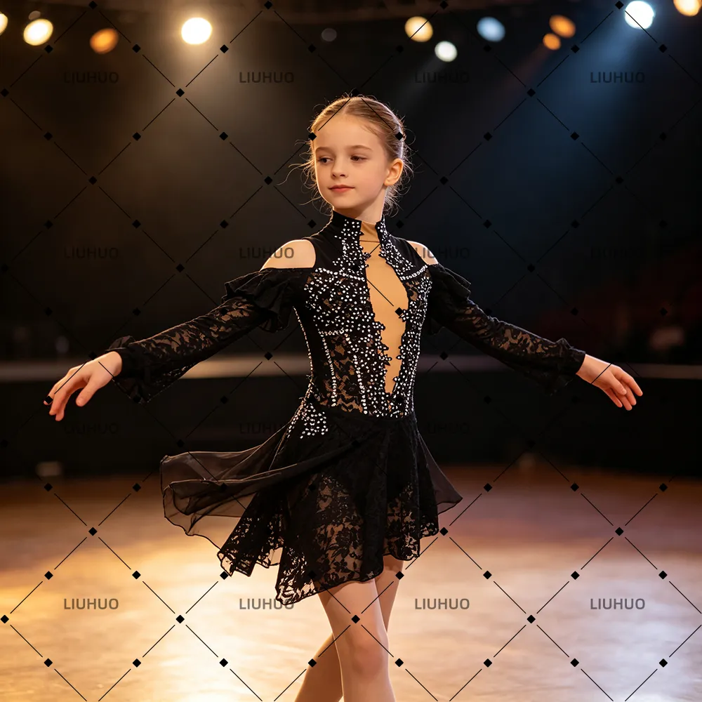 LIUHUO Lyrical Dance Costume JC1084 | Black Lace Cold-Shoulder Open Back Crystal Competition Lyrical Costume for Girls
