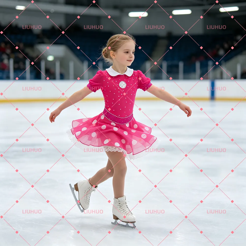 LIUHUO Figure Skating Dress JC1164 | Pink & White Peter Pan Collar Crystal Competition Skating Costume for Girls