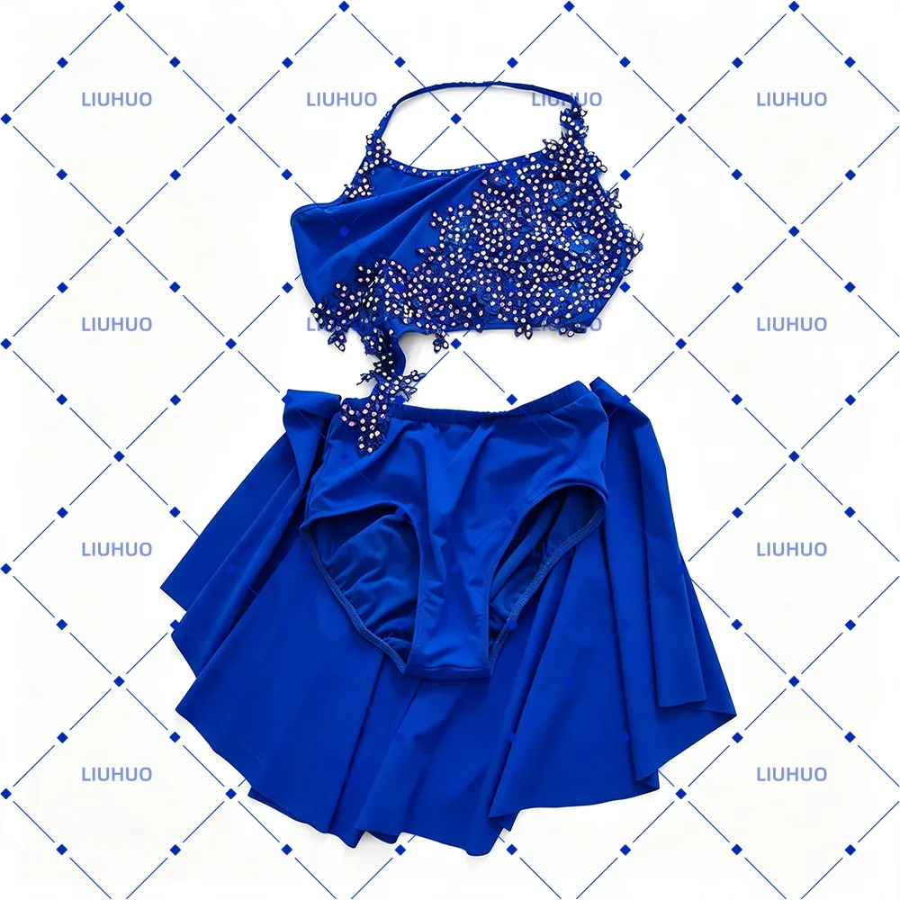 LIUHUO Lyrical Dance Costume JC684 | Royal Blue & Red Crystal Pearl Lace Asymmetric Halter Performance Suit for Women & Girls